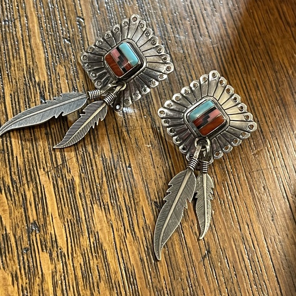 Vintage QT Sterling Inlaid Turquoise Multi Gemstone Earrings Southwestern - Picture 8 of 11